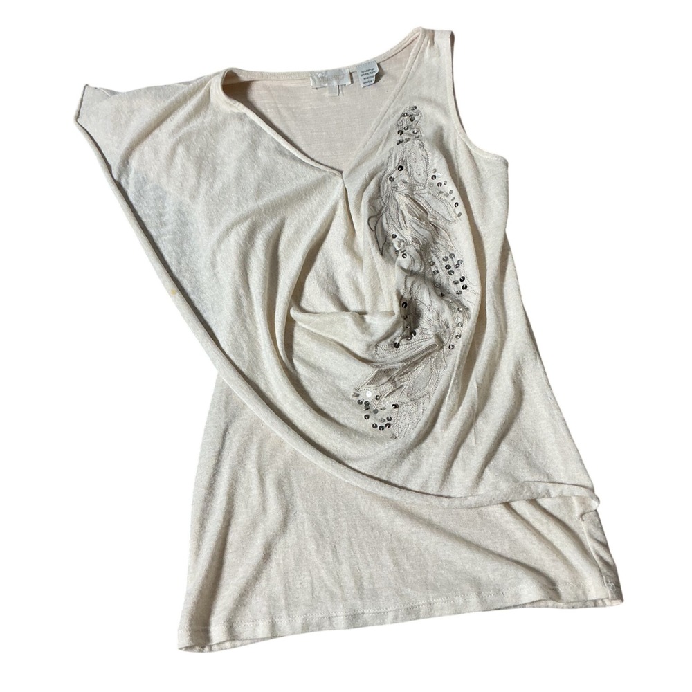 Miss Me Boho Sequin Embroidered Draped Top Womens S Cream Asymmetric Flutter